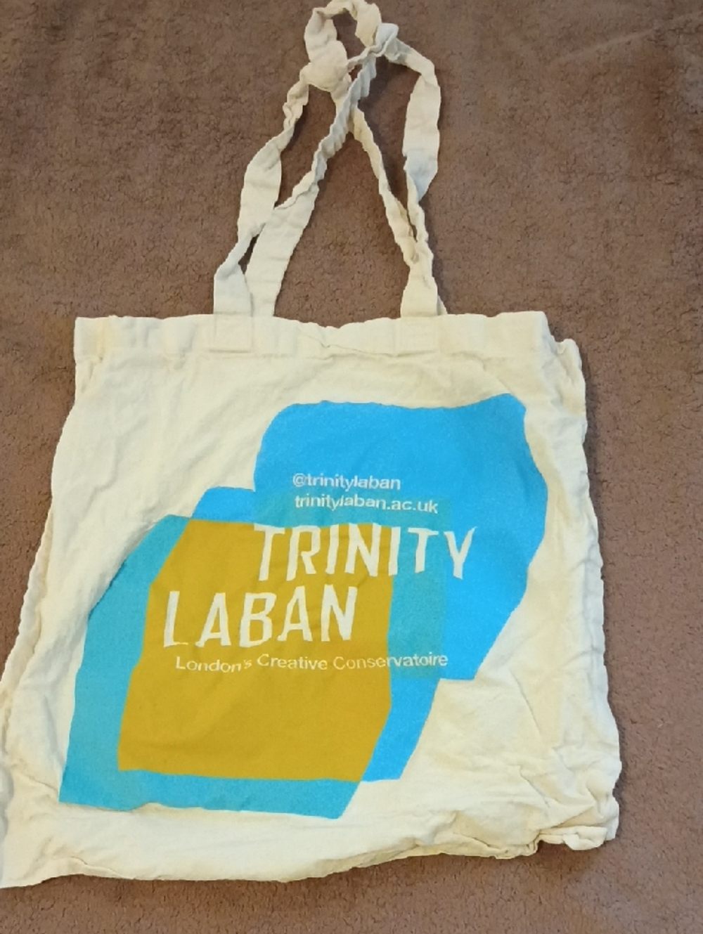 Trinity Cream Canvas Tote with Blue & Mustard Graphic